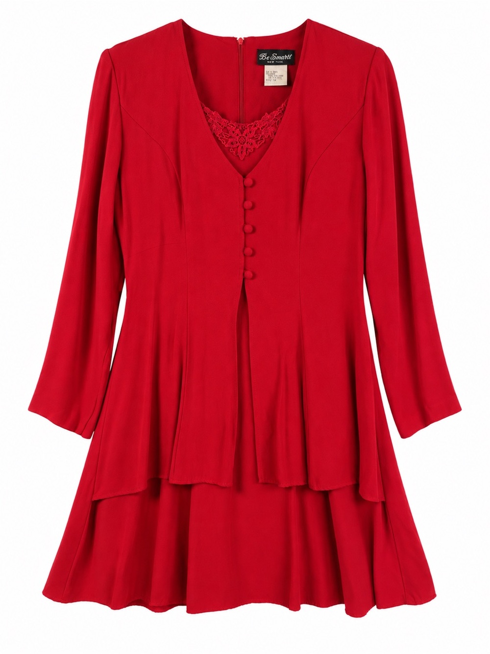 Vintage 80s 90s Be Smart Red Lace Peplum Mini Dress 7/8